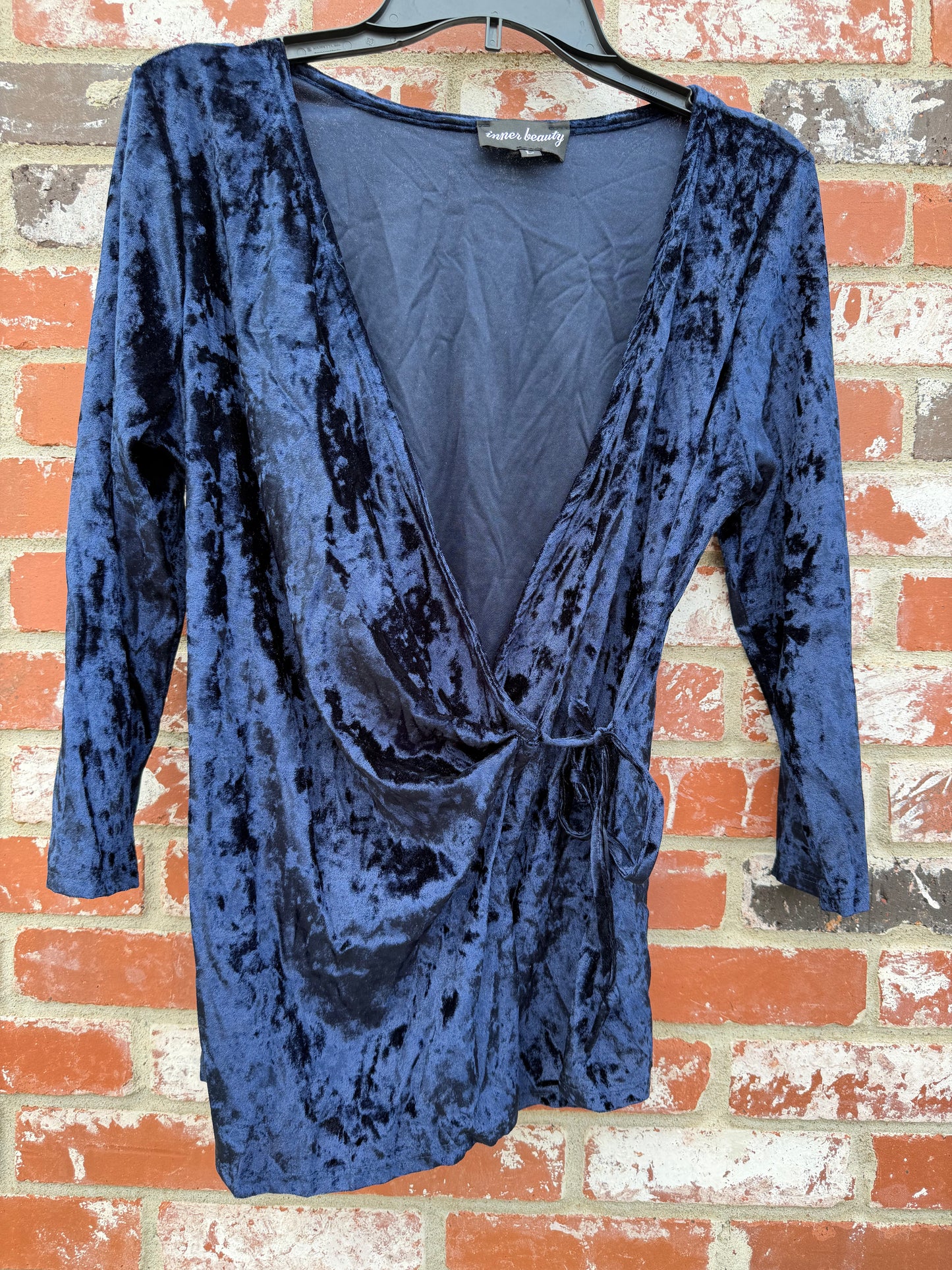 Blue Large Polyester Faux Velvet Blouse