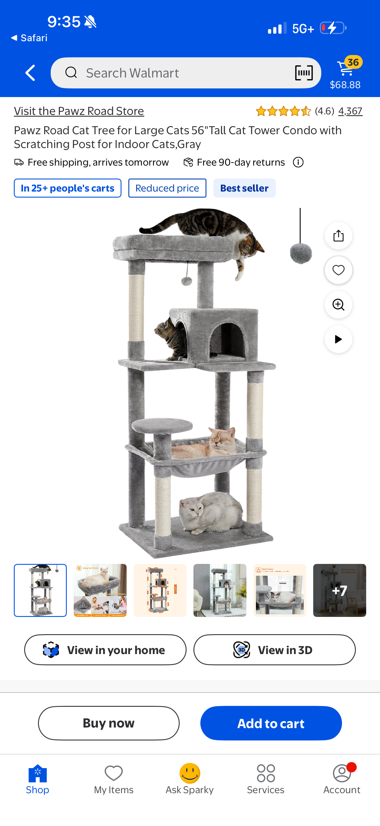 Pawz Road Cat Tree for Large Cats 56"Tall Cat Tower Condo with Scratching Post for Indoor Cats,Gray