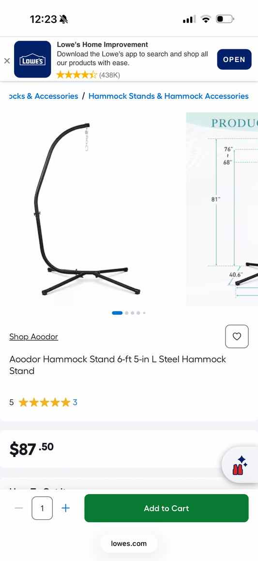 Aoodor Hammock Stand 6-ft 5-in L Steel Hammock Stand