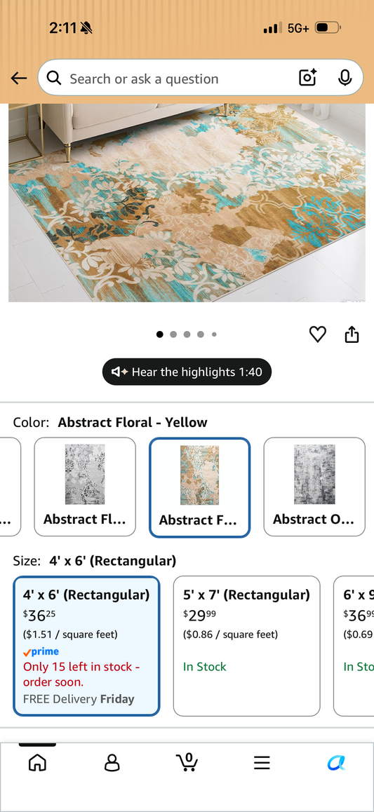 4’x6’ Abstract Area Rug Washable